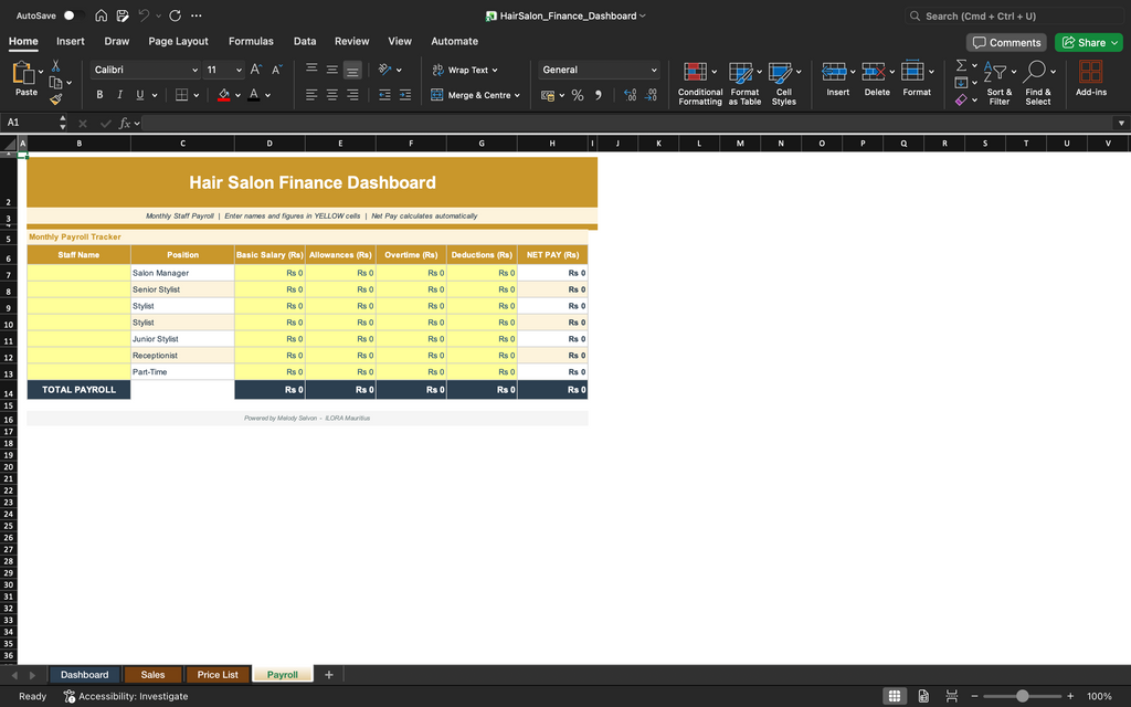Excel dashboard sheet showing payment or transaction table with summary totals