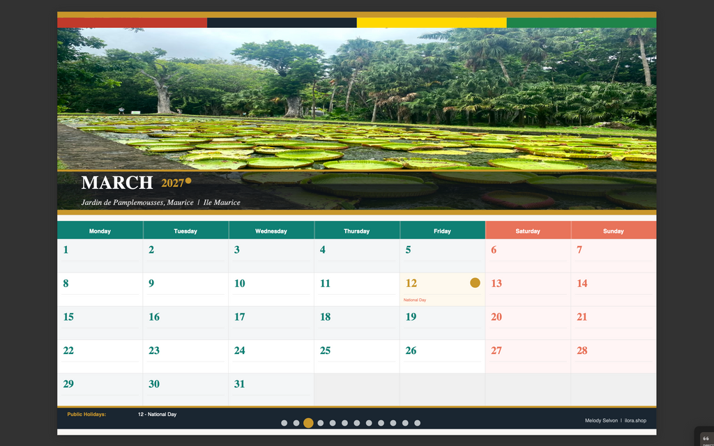 Mauritius 2027 Wall Calendar without Notes