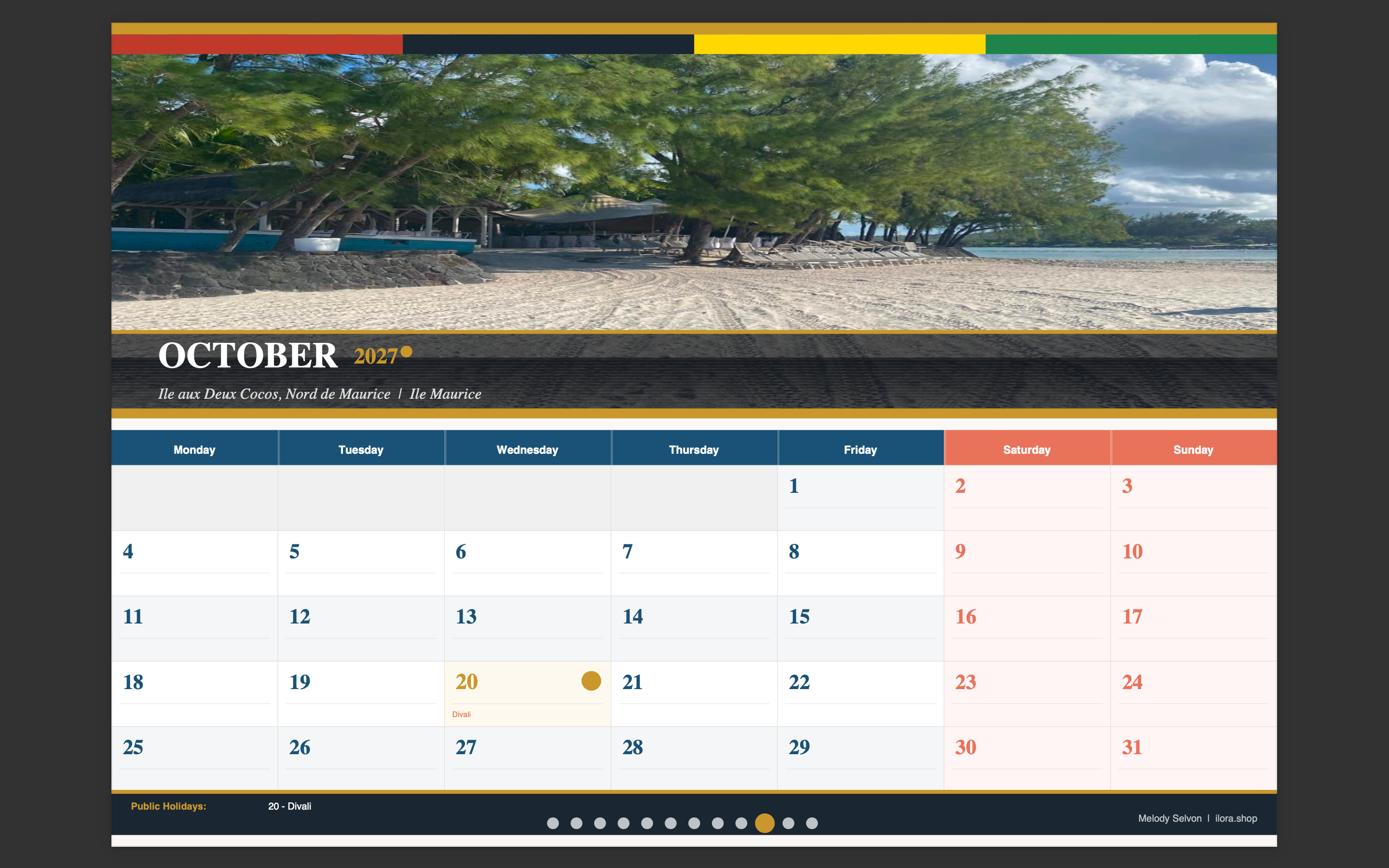 Mauritius 2027 Wall Calendar without Notes